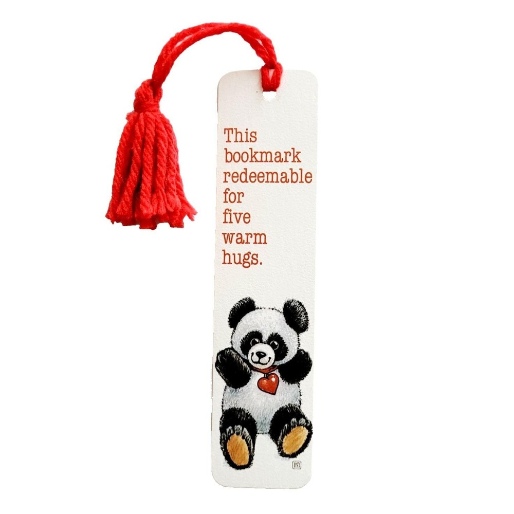 Vintage 80s Panda Hug Bookmark Teddy Bear heart yarn 1982 Antioch Sunshine H-500
